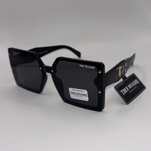 True Religion Sunglasses Oversized Square Black Frame Gold Studded NWT